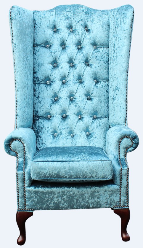 Product photograph of Chesterfield 5ft Crystal High Back Wing Chair Shimmer Aqua Blue Real Velvet In Soho Style from Chesterfield Sofas.
