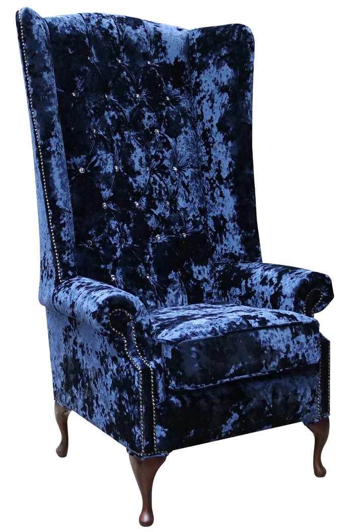 Product photograph of Chesterfield 5ft High Back Wing Chair Lustro Sapphire Blue Velvet Fabric Bespoke In Soho Style from Chesterfield Sofas