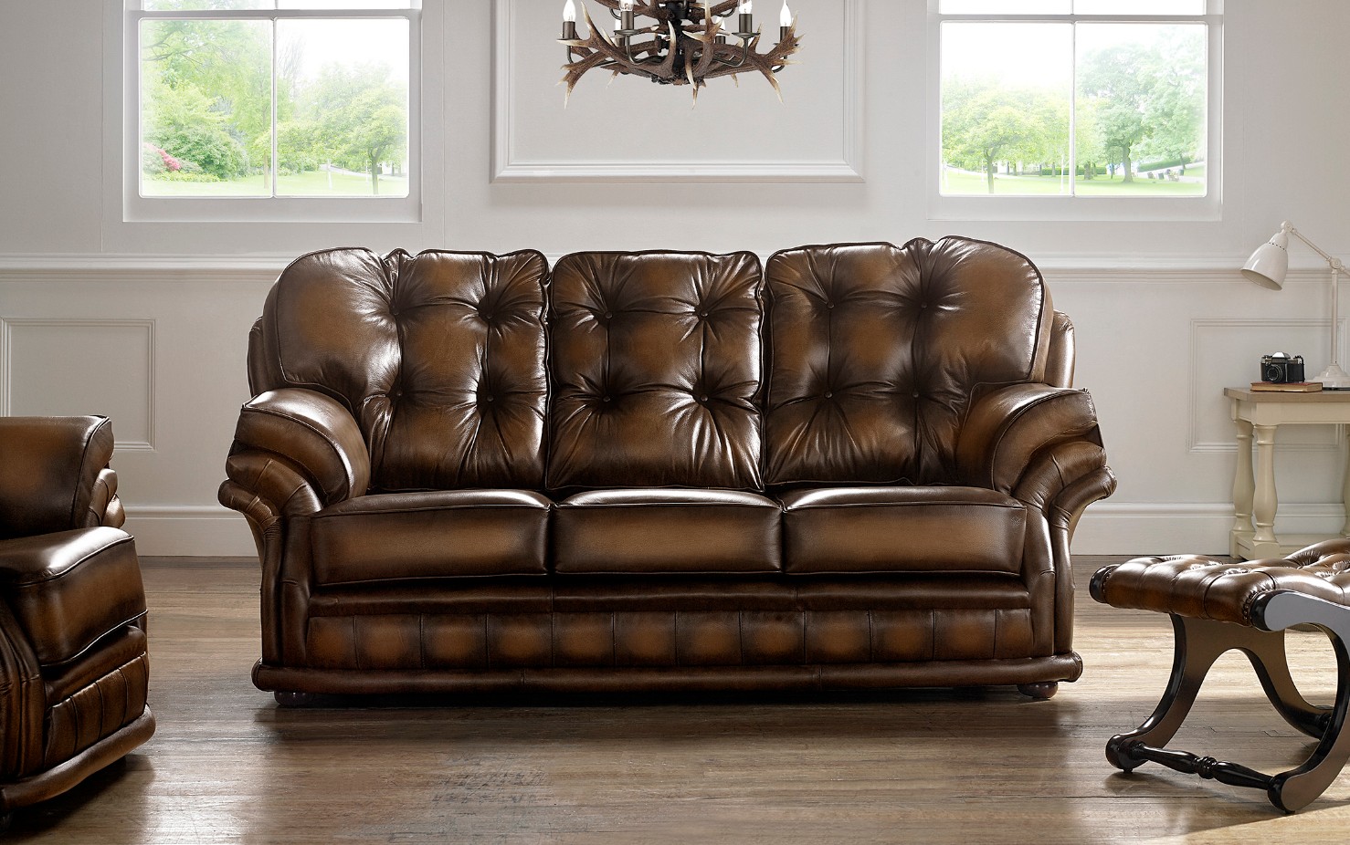Product photograph of Chesterfield Antique Autumn Tan Leather Sofa Suite In Knightsbr Idge Style from Chesterfield Sofas