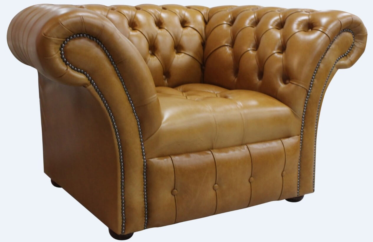 Product photograph of Chesterfield Armchair Buttoned Seat Old English Aniline Tan Leather In Balmoral Style from Chesterfield Sofas.
