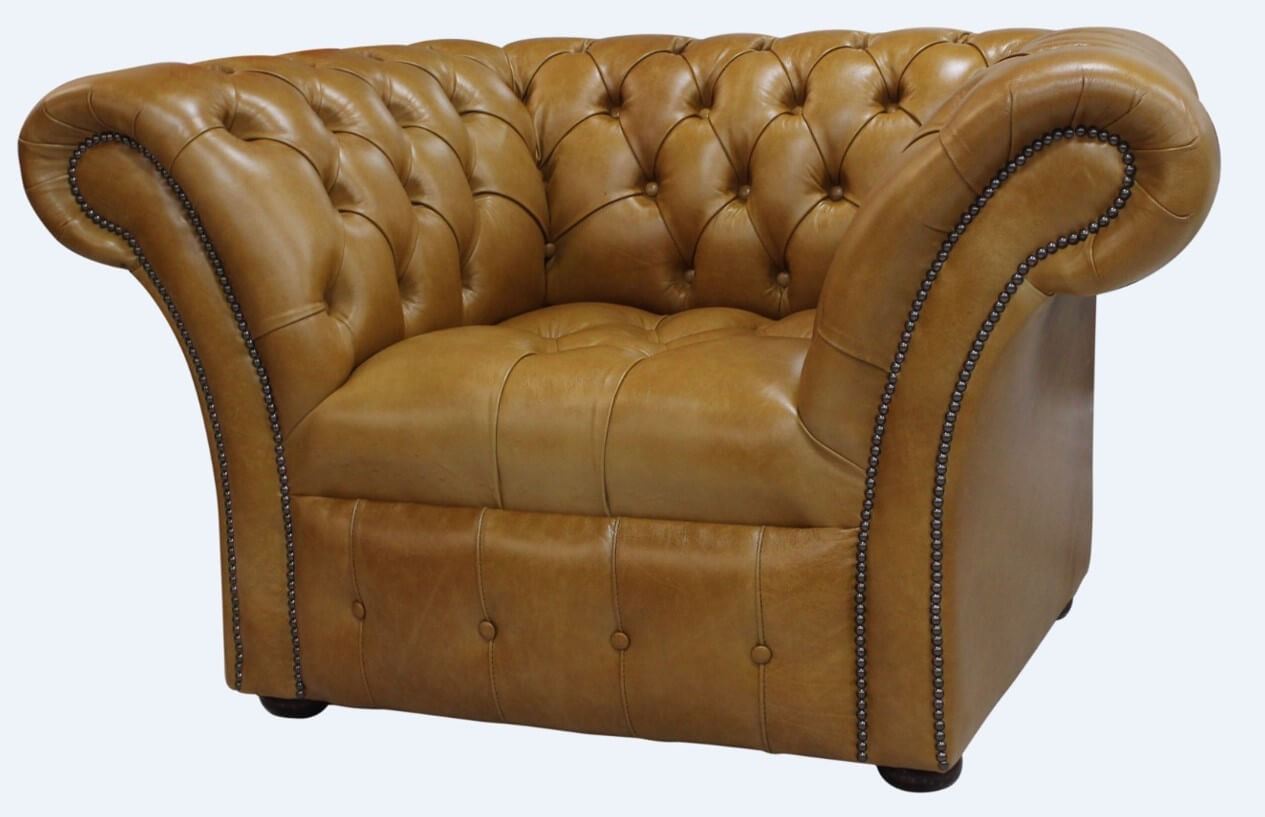 Product photograph of Chesterfield Armchair Buttoned Seat Old English Aniline Tan Leather In Balmoral Style from Chesterfield Sofas.