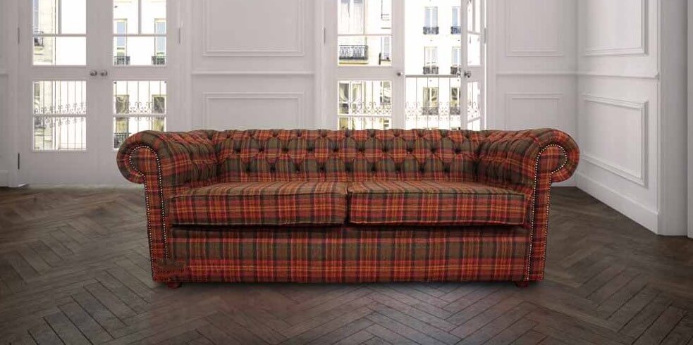 Product photograph of Chesterfield Arnold 3 Seater Sofa Tweed Sandringham Mandarin Check Wool In Classic Style from Chesterfield Sofas