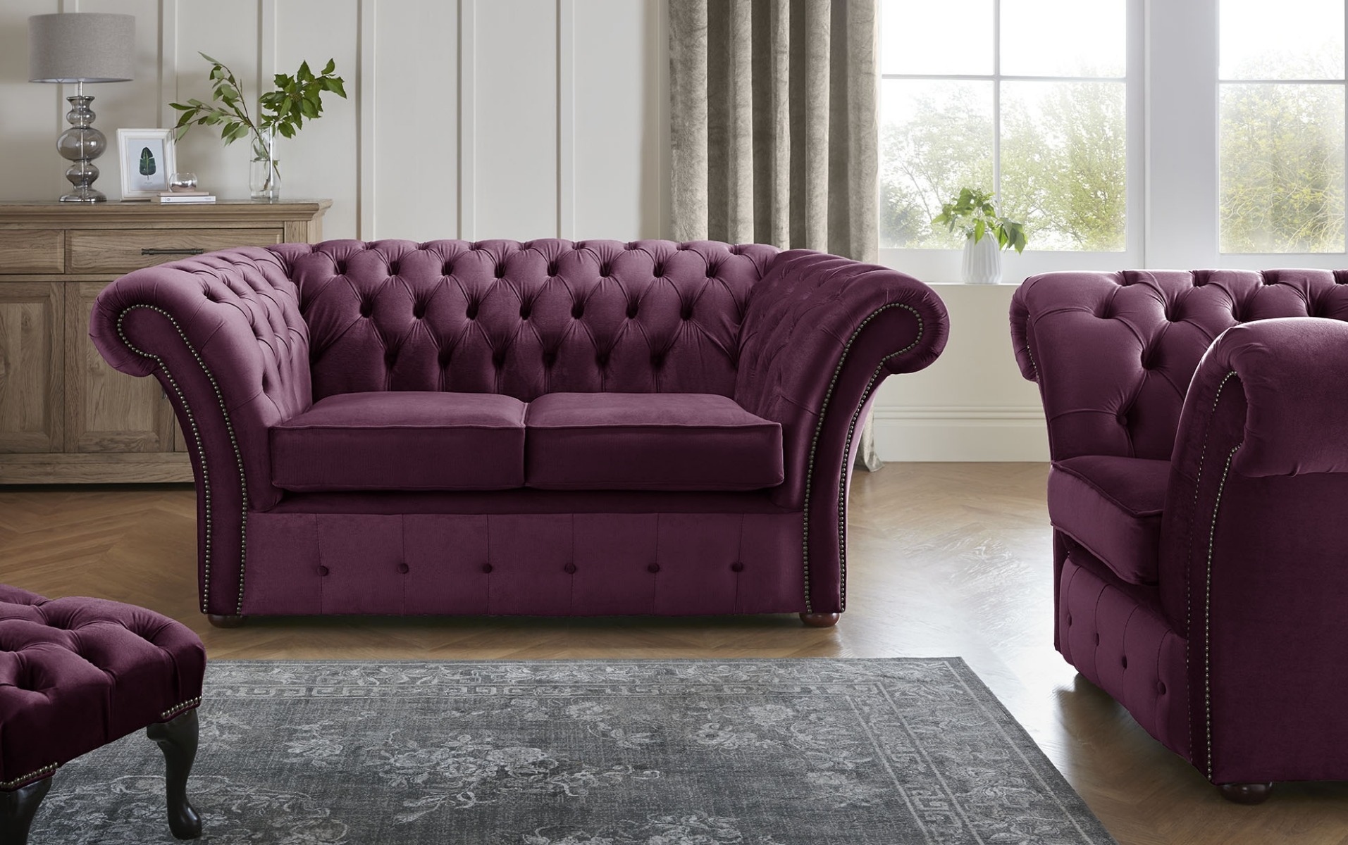 Product photograph of Chesterfield Beaumont 2 Seater Sofa Amp Club Chair Malta Boysenberry Purple 01 from Chesterfield Sofas