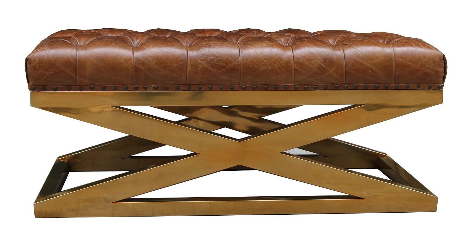 Product photograph of Chesterfield Buttoned Brass Metal Footstool Vintage Brown Real Leather from Chesterfield Sofas.