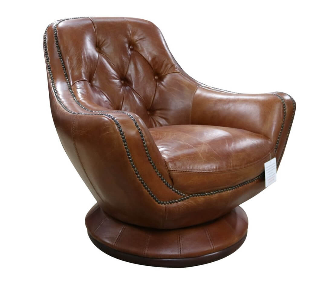 Product photograph of Chesterfield Buttoned Swivel Armchair Vintage Distressed Tan Leather In Stock from Chesterfield Sofas.