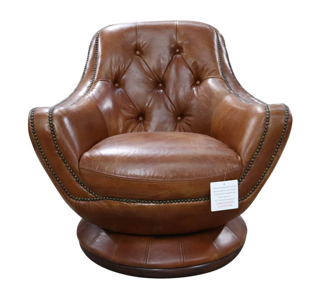 Product photograph of Chesterfield Buttoned Swivel Armchair Vintage Distressed Tan Leather In Stock from Chesterfield Sofas