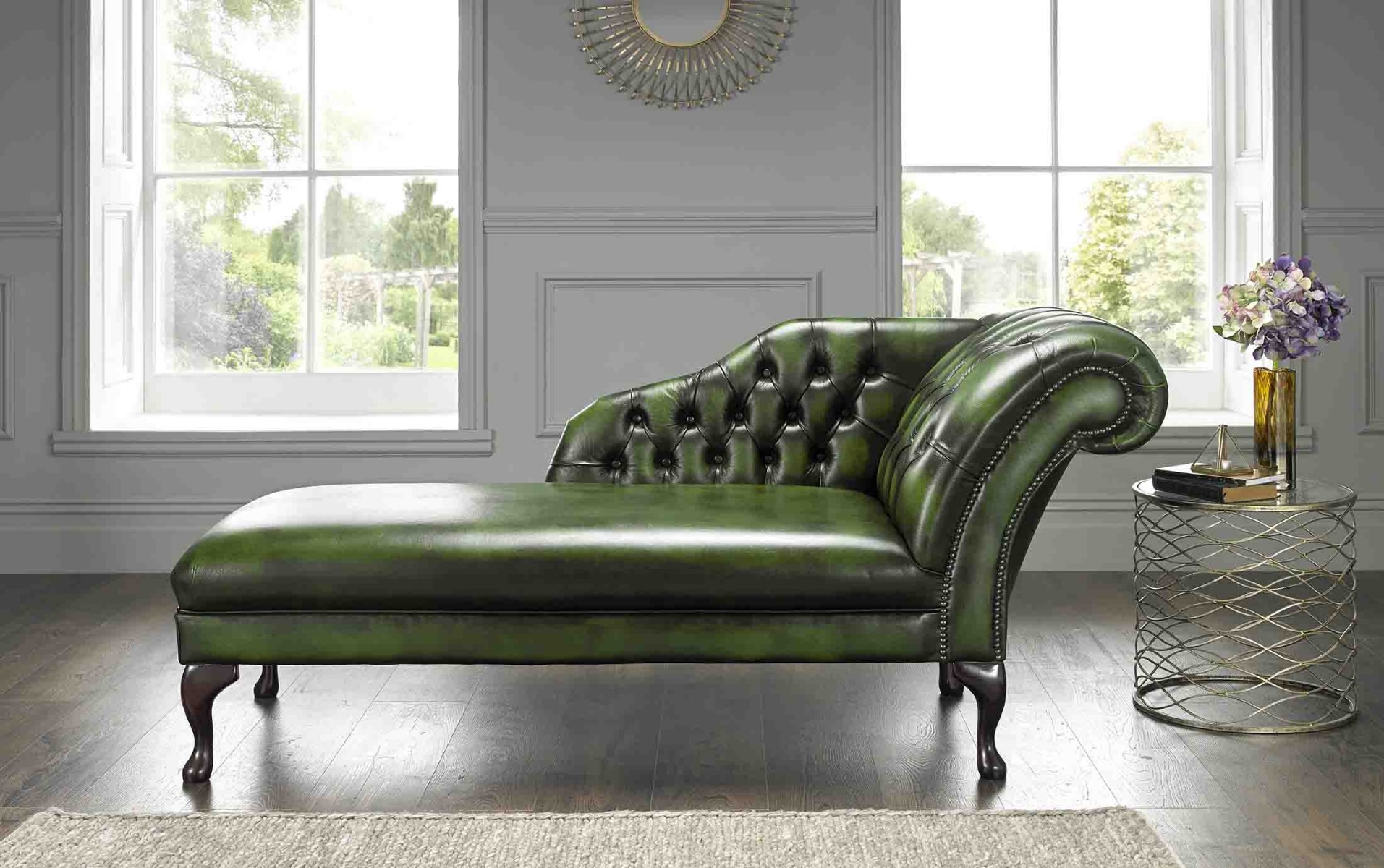 Product photograph of Chesterfield Chaise Lounge Day Bed Antique Green Real Leather from Chesterfield Sofas