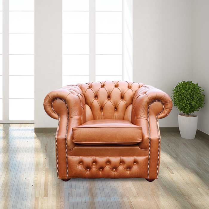 Product photograph of Chesterfield Club Armchair Aniline Old English Tan Real Leather In Buckingham Style from Chesterfield Sofas