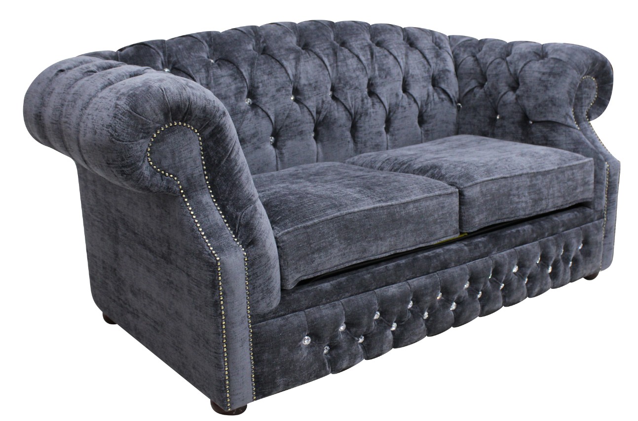Product photograph of Chesterfield Crystal 2 Seater Velluto Grey Fabric Sofa In Buckingham Style from Chesterfield Sofas.