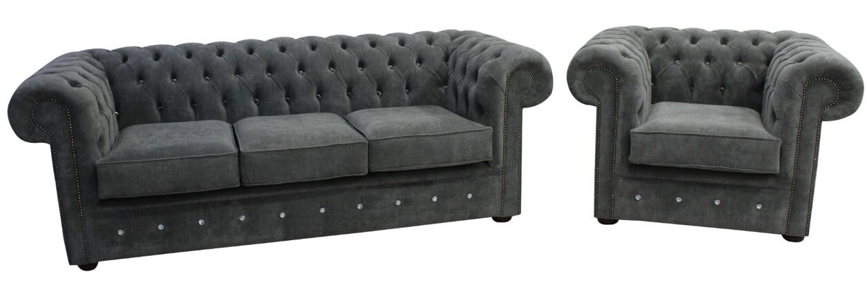 Product photograph of Chesterfield Crystal 3 Seater Club Chair Sofa Suite Keira Pewter Grey Fabric from Chesterfield Sofas