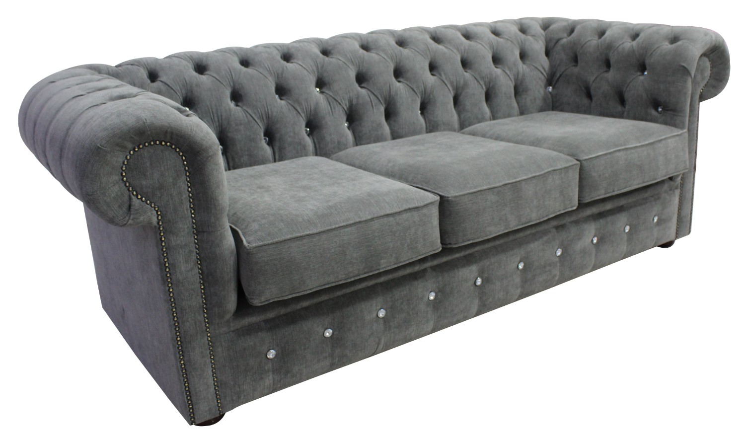 Product photograph of Chesterfield Crystal 3 Seater Sofa Keira Pewter Grey Fabric In Classic Style from Chesterfield Sofas.