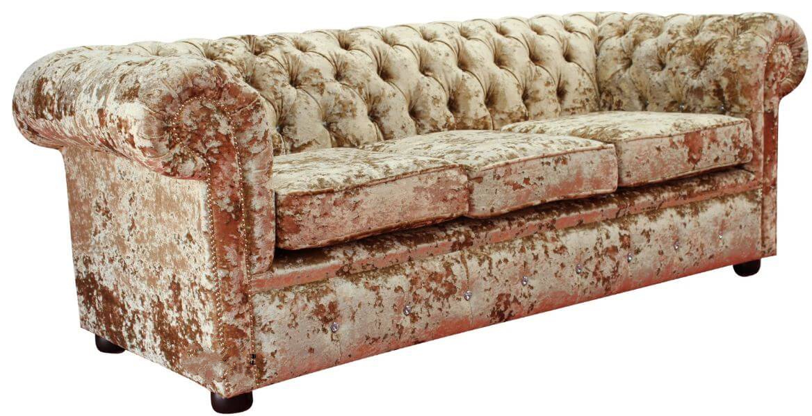 Product photograph of Chesterfield Crystal 3 Seater Sofa Lustro Gilded Velvet Fabric In Classic Style from Chesterfield Sofas.
