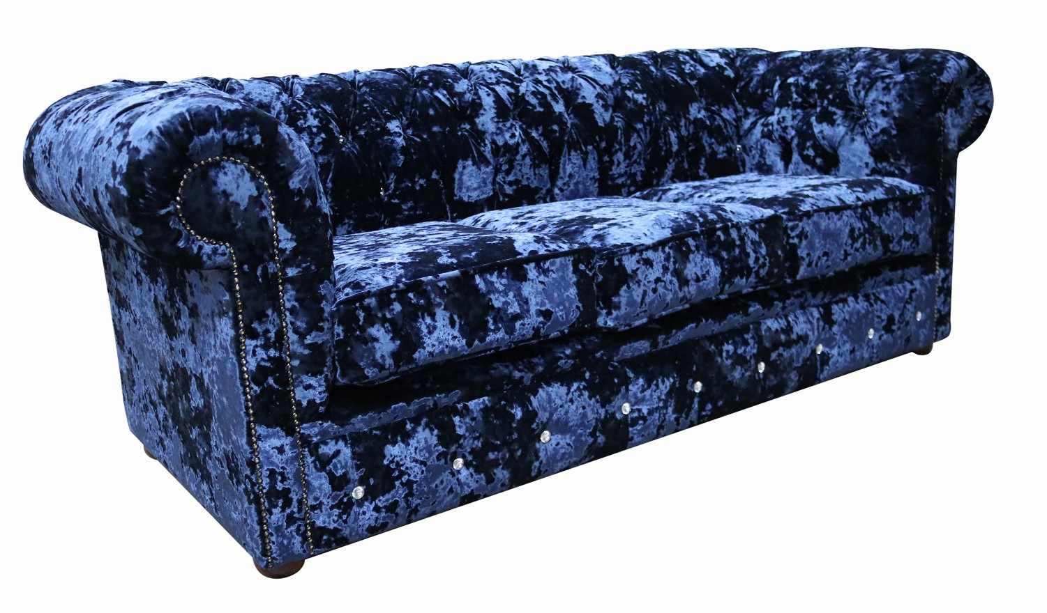 Product photograph of Chesterfield Crystal 3 Seater Sofa Lustro Sapphire Blue Velvet In Classic Style from Chesterfield Sofas.