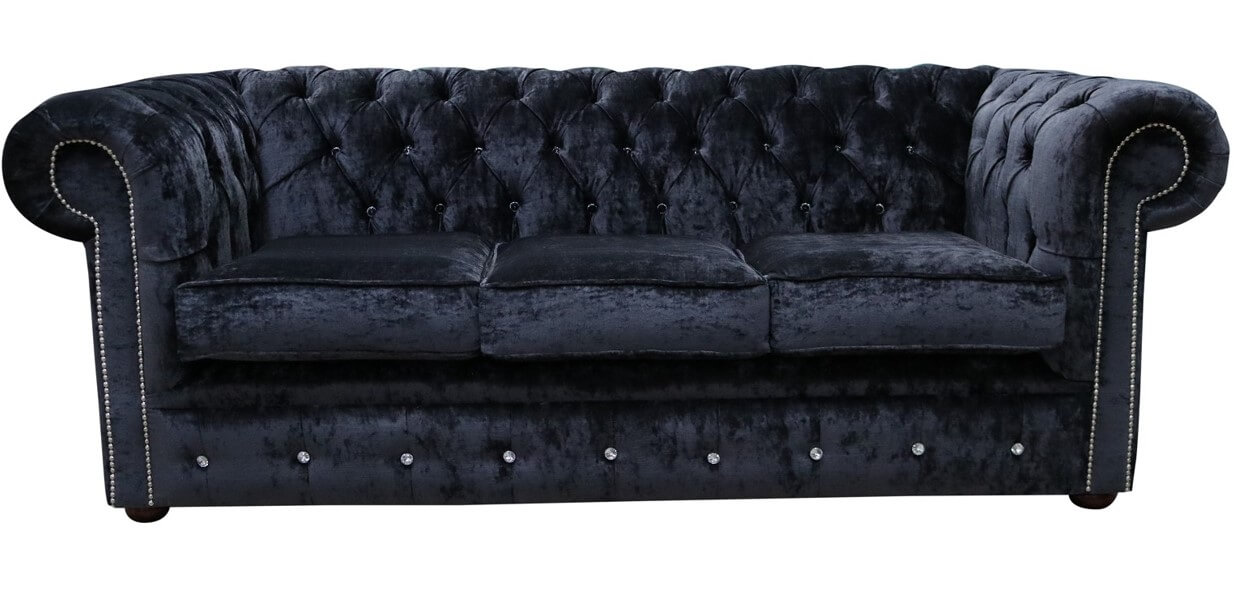Product photograph of Chesterfield Crystal 3 Seater Sofa Modena Black Velvet Fabric In Classic Style from Chesterfield Sofas