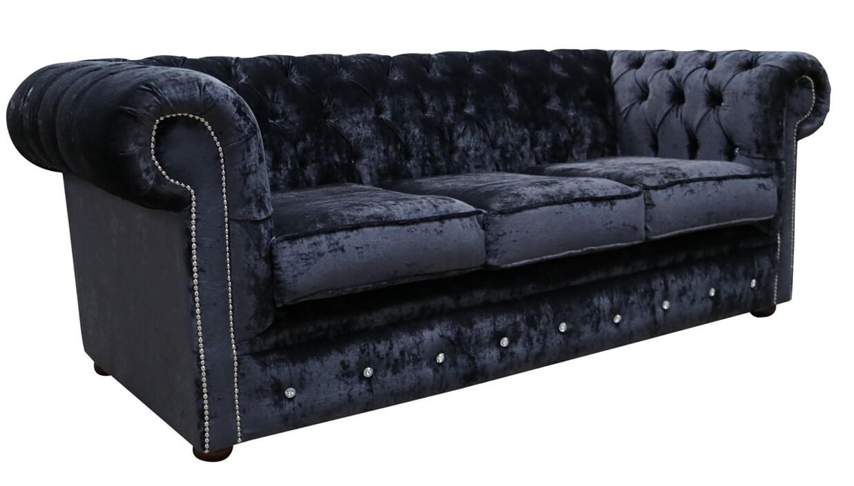 Product photograph of Chesterfield Crystal 3 Seater Sofa Modena Black Velvet Fabric In Classic Style from Chesterfield Sofas.
