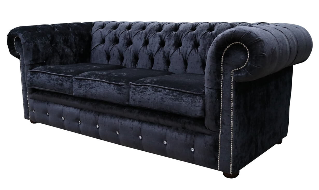 Product photograph of Chesterfield Crystal 3 Seater Sofa Modena Black Velvet Fabric In Classic Style from Chesterfield Sofas.