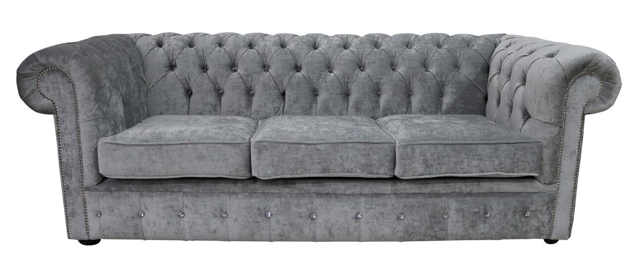 Product photograph of Chesterfield Crystal 3 Seater Sofa Modena Cloud Grey Velvet Fabric In Classic Style from Chesterfield Sofas