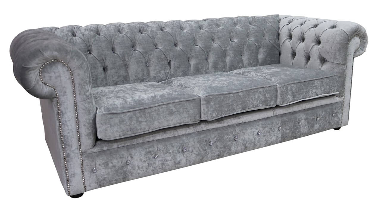 Product photograph of Chesterfield Crystal 3 Seater Sofa Modena Cloud Grey Velvet Fabric In Classic Style from Chesterfield Sofas.