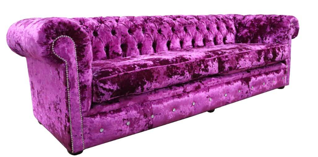 Product photograph of Chesterfield Crystal 4 Seater Lustro Glamour Pink Velvet Fabric Sofa In Classic Style from Chesterfield Sofas.