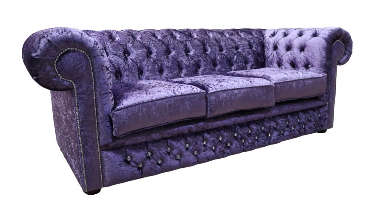 Product photograph of Chesterfield Crystal Diamond 3 Seater Sofa Shimmer Grape Velvet Fabric In Classic Style from Chesterfield Sofas.