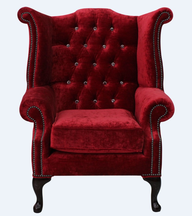 Product photograph of Chesterfield Crystal High Back Wing Chair Modena Pillarbox Red Real Velvet In Queen Anne Style from Chesterfield Sofas
