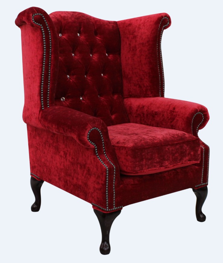 Product photograph of Chesterfield Crystal High Back Wing Chair Modena Pillarbox Red Real Velvet In Queen Anne Style from Chesterfield Sofas.