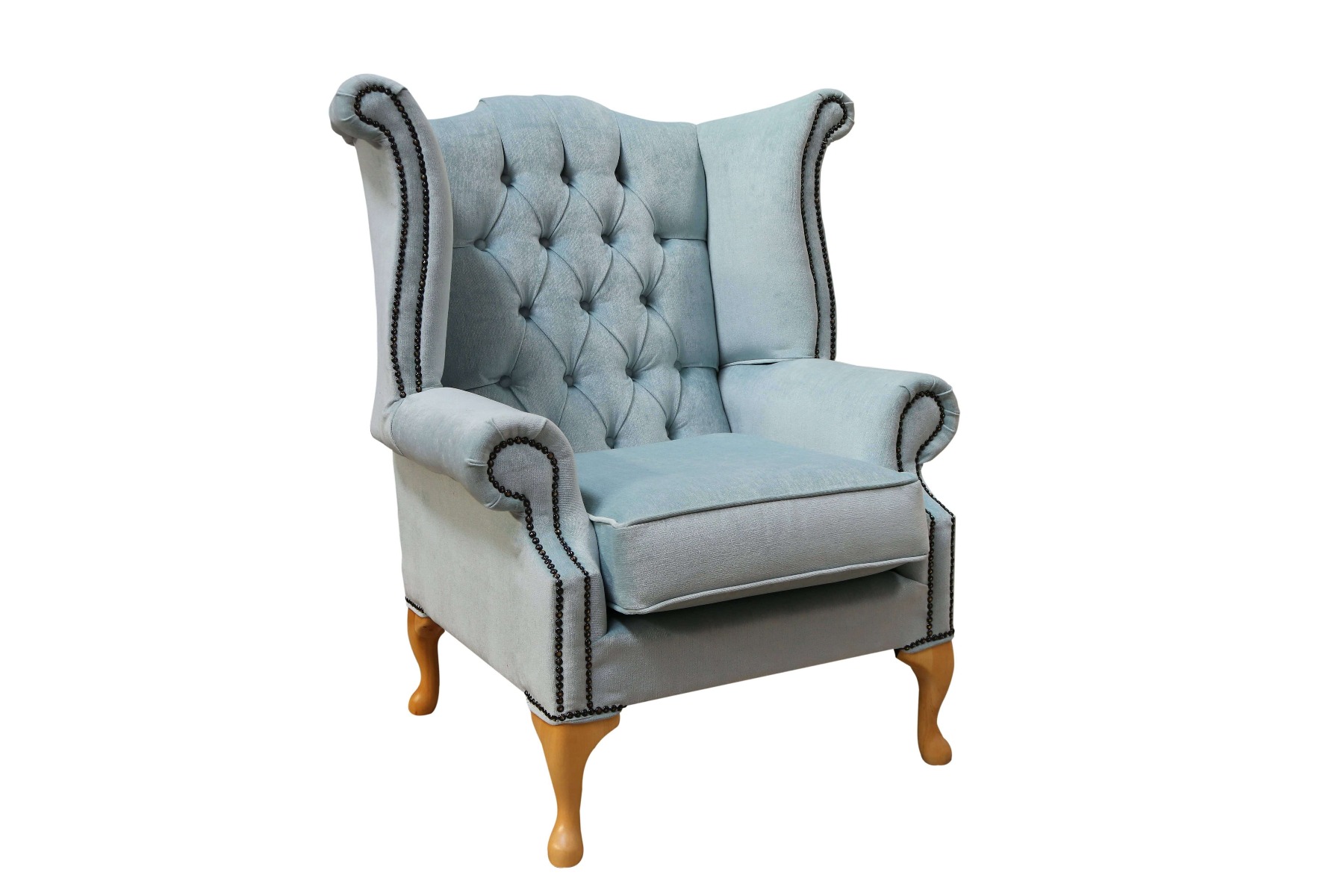Product photograph of Chesterfield High Back Wing Chair Duck Egg Blue Real Fabric In Queen Anne Style from Chesterfield Sofas