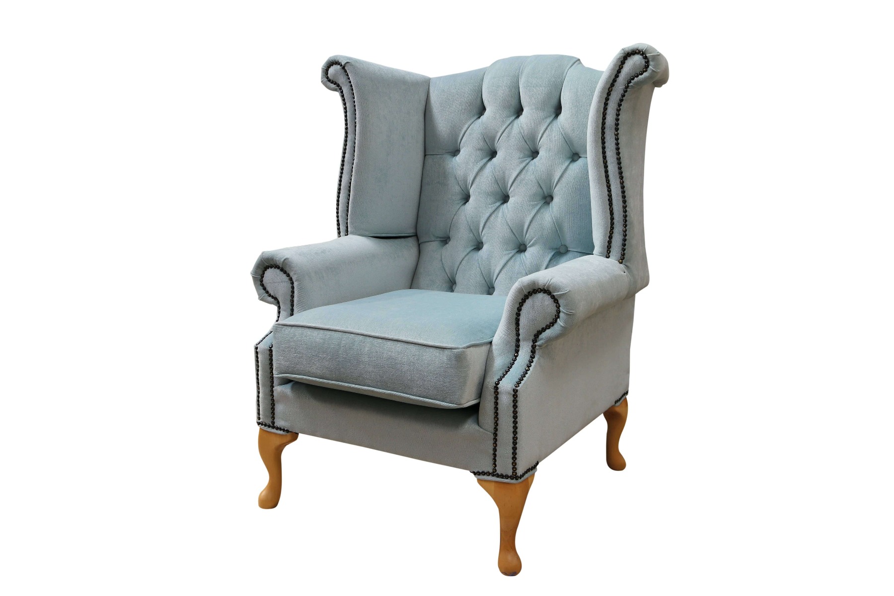 Product photograph of Chesterfield High Back Wing Chair Duck Egg Blue Real Fabric In Queen Anne Style from Chesterfield Sofas.