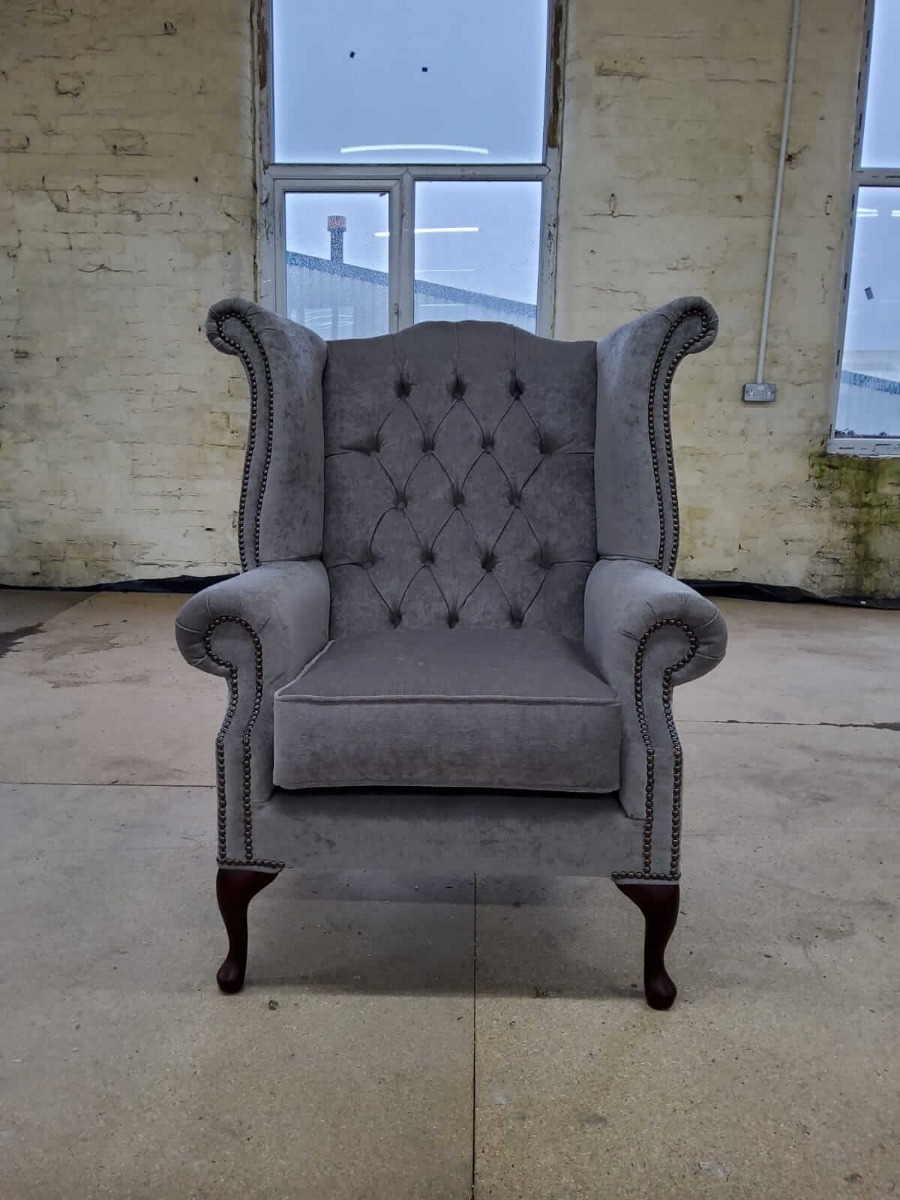 Product photograph of Chesterfield High Back Wing Chair Pimlico Carbon Grey Real Fabric Bespoke In Queen Anne Style from Chesterfield Sofas.