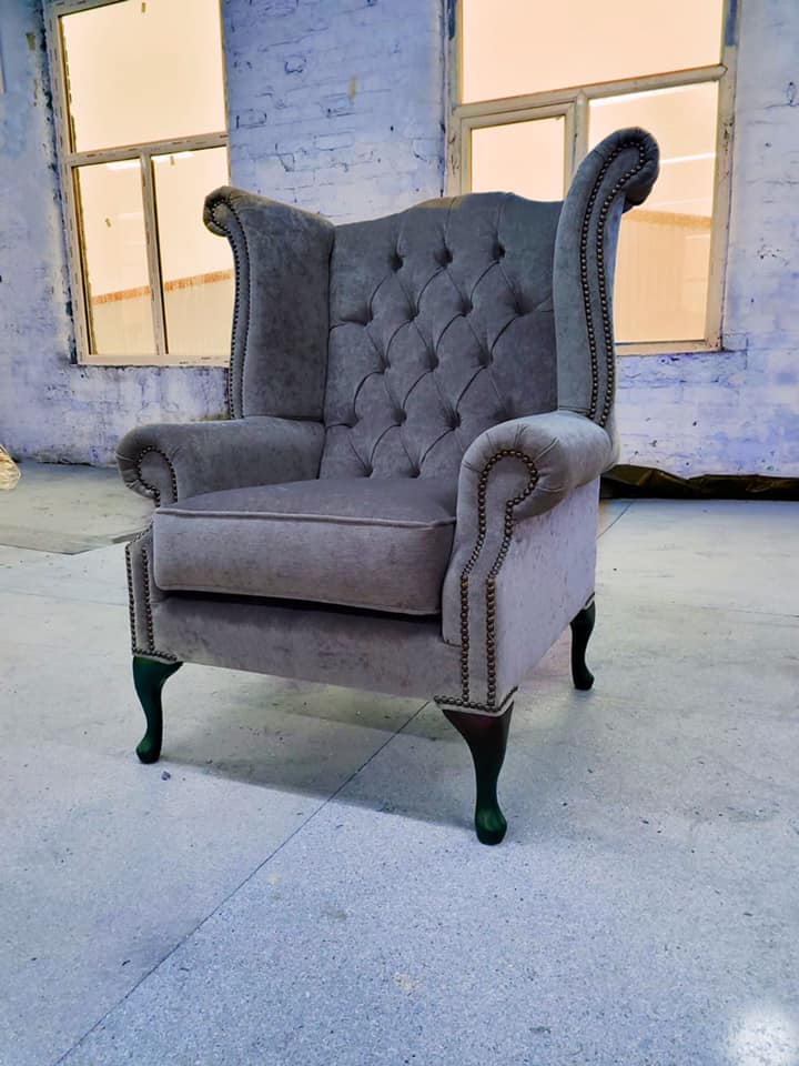 Product photograph of Chesterfield High Back Wing Chair Pimlico Grey Real Fabric In Queen Anne Style from Chesterfield Sofas.