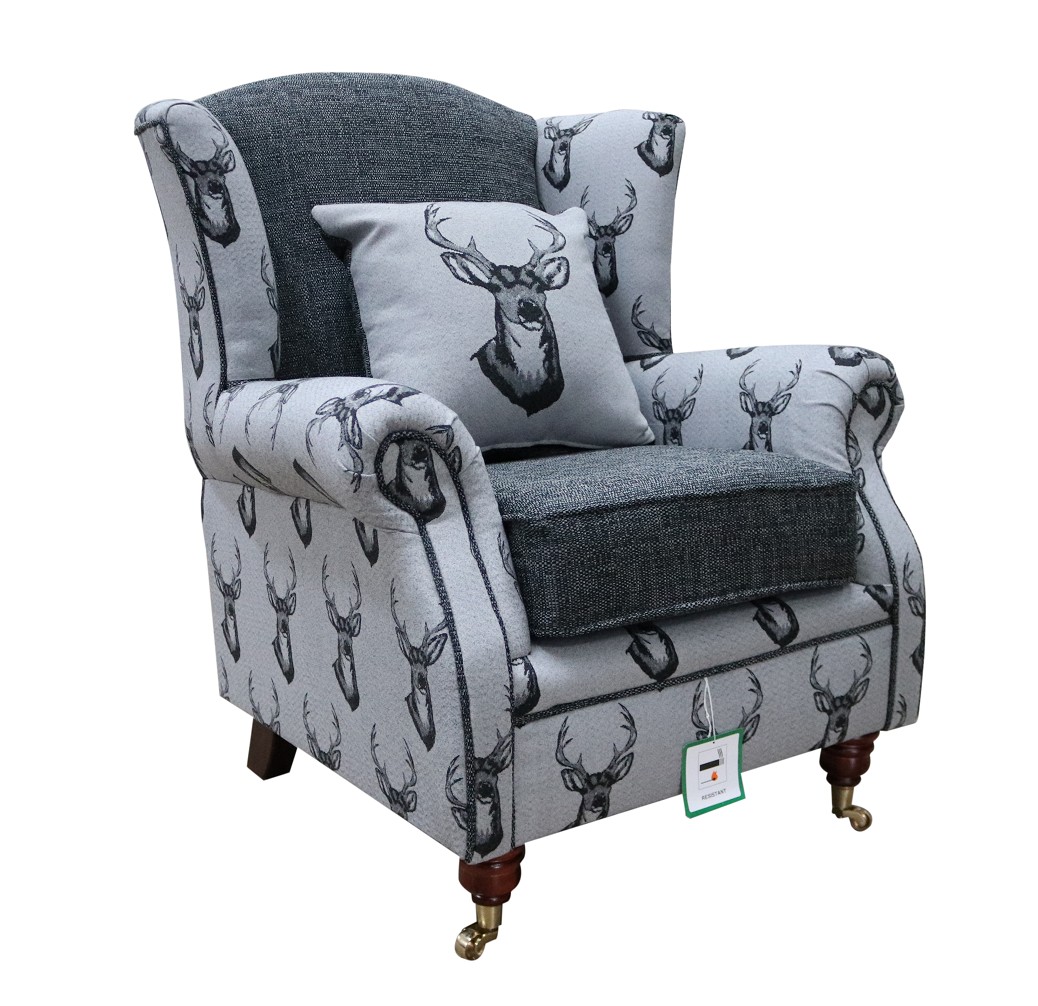 Product photograph of Fabric Wing Chair Fireside High Back Armchair Deer Print Charcoal Grey from Chesterfield Sofas