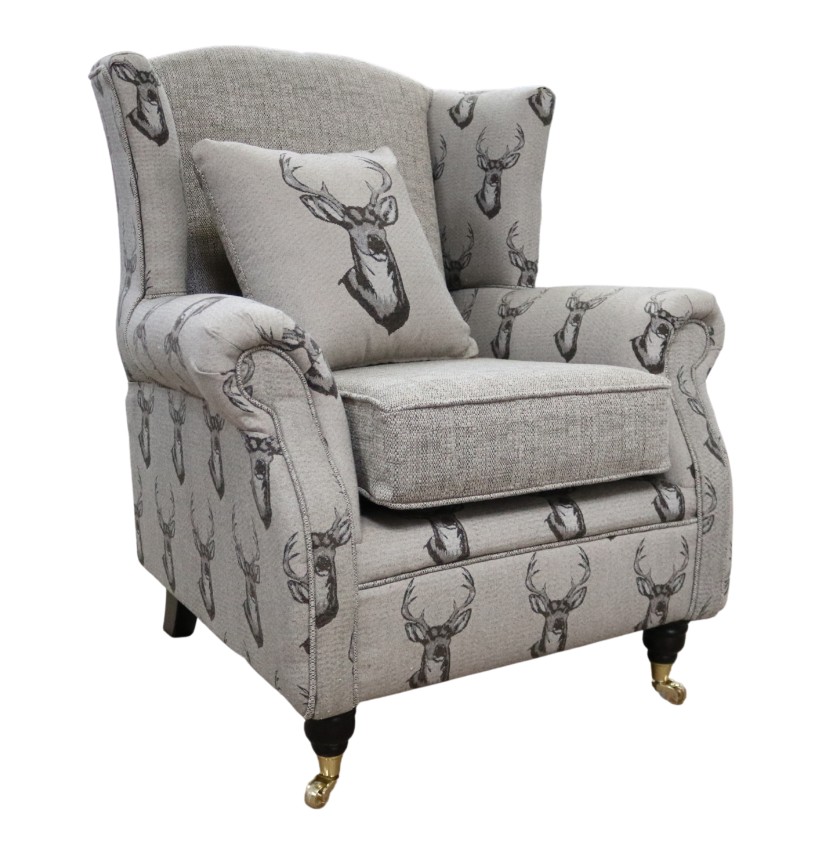 Product photograph of Fabric Wing Chair Fireside High Back Armchair Deer Print Charcoal Brown from Chesterfield Sofas