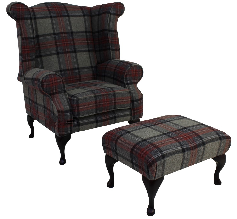Product photograph of Chesterfield Fireside High Back Armchair Footstool Wool Tweed Benin Gbo Rough Graphite Check In Queen Anne Style from Chesterfield Sofas.