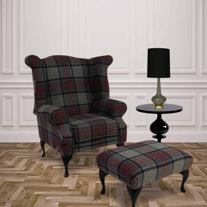 Product photograph of Chesterfield Fireside High Back Armchair Footstool Wool Tweed Benin Gbo Rough Graphite Check In Queen Anne Style from Chesterfield Sofas
