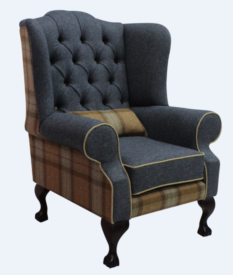 Product photograph of Chesterfield Fireside High Back Wing Chair Skye Sage Grey Check Tweed Wool In Mallory Style from Chesterfield Sofas