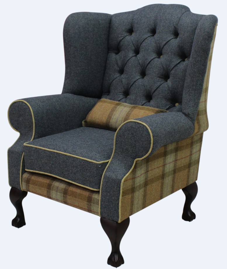 Product photograph of Chesterfield Fireside High Back Wing Chair Skye Sage Grey Check Tweed Wool In Mallory Style from Chesterfield Sofas.
