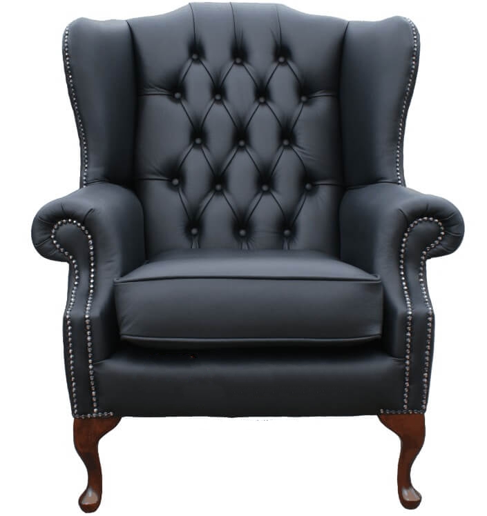 Product photograph of Chesterfield Flat High Back Wing Chair Bonded Black Real Leather In Mallory Style from Chesterfield Sofas.