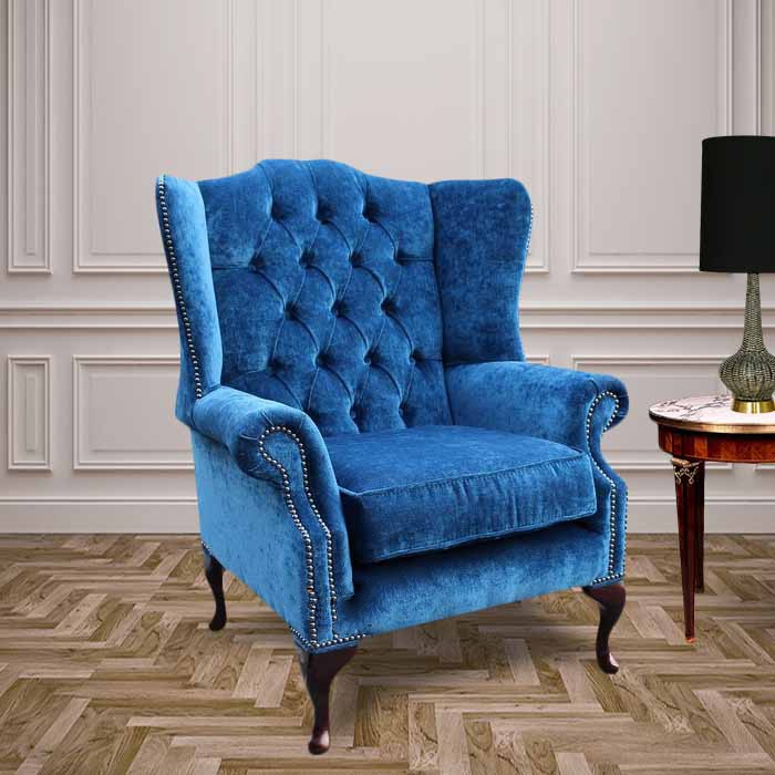 Product photograph of Chesterfield Flat High Back Wing Chair Royal Blue Fabric In Mallory Style from Chesterfield Sofas