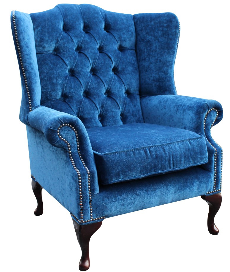 Product photograph of Chesterfield Flat High Back Wing Chair Royal Blue Fabric In Mallory Style from Chesterfield Sofas.