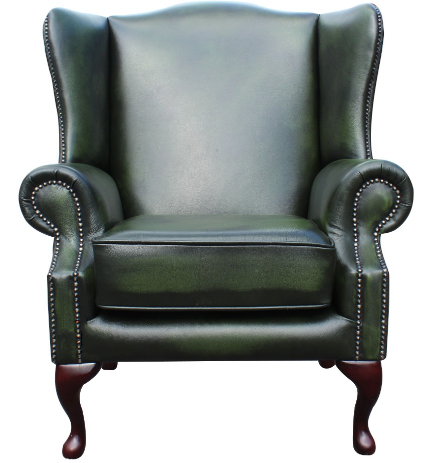 Product photograph of Chesterfield Flat Saxon High Back Wing Chair Antique Green Leather In Mallory Style from Chesterfield Sofas.