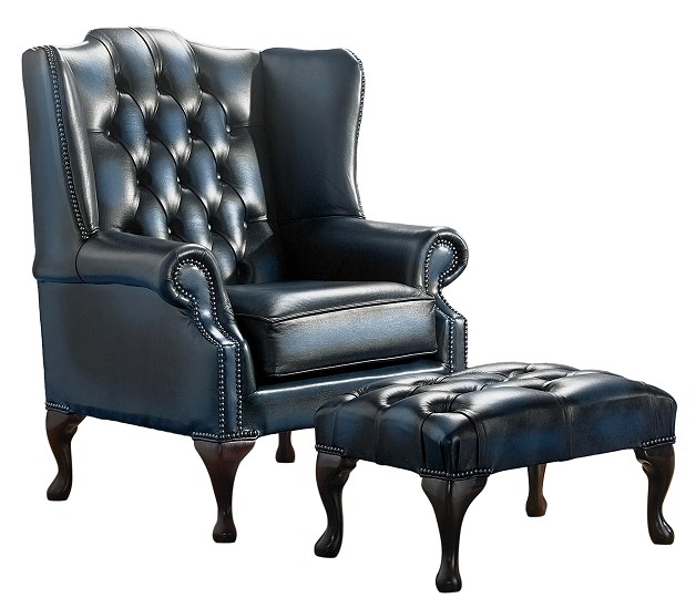 Product photograph of Chesterfield Flat Wing Chair Footstool Antique Blue Leather In Mallory Style from Chesterfield Sofas