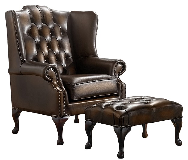 Product photograph of Chesterfield Flat Wing Chair Footstool Antique Brown Leather In Mallory Style from Chesterfield Sofas