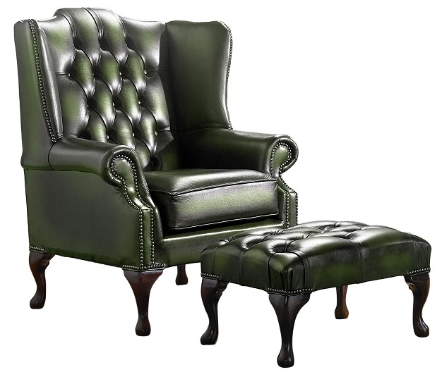Product photograph of Chesterfield Flat Wing Chair Footstool Antique Green Leather In Mallory Style from Chesterfield Sofas