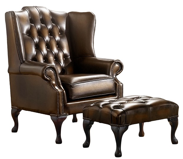 Product photograph of Chesterfield Flat Wing Chair Footstool Antique Tan Leather In Mallory Style from Chesterfield Sofas