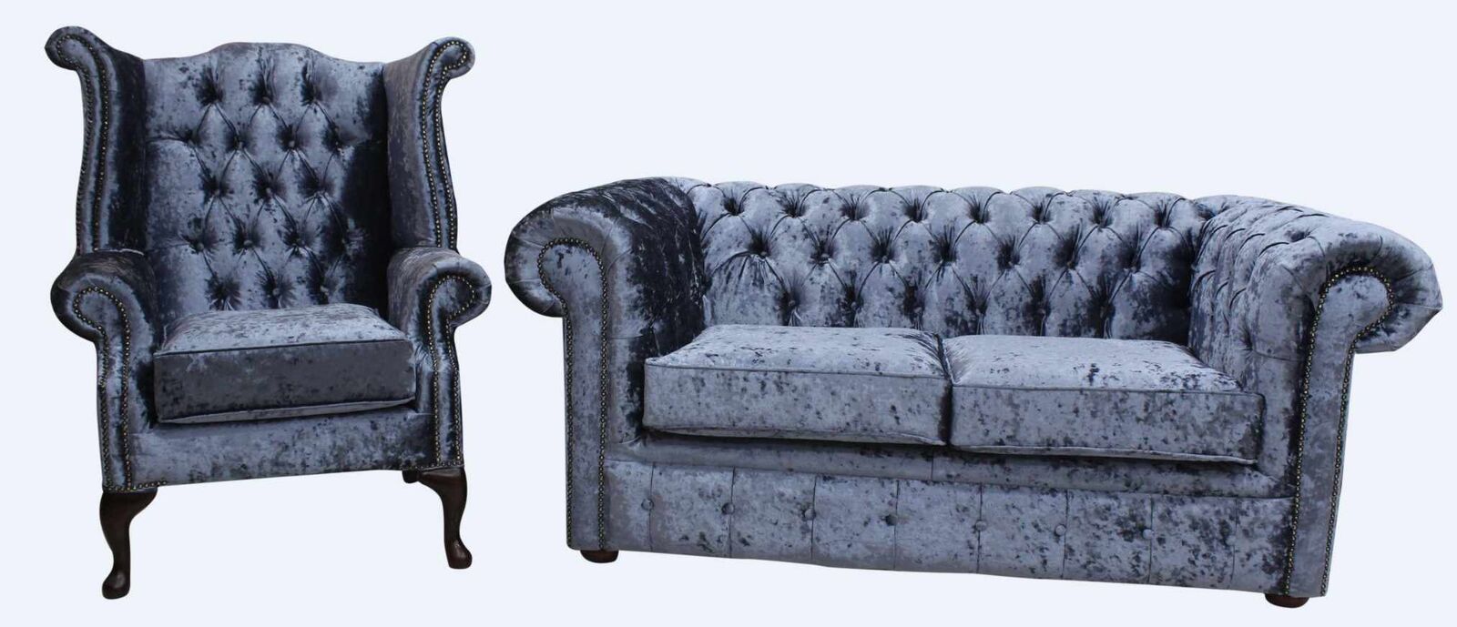 Product photograph of Chesterfield Genuine 2 Seater Queen Anne Chair Senso Dusk Blue Velvet Sofa Suite from Chesterfield Sofas
