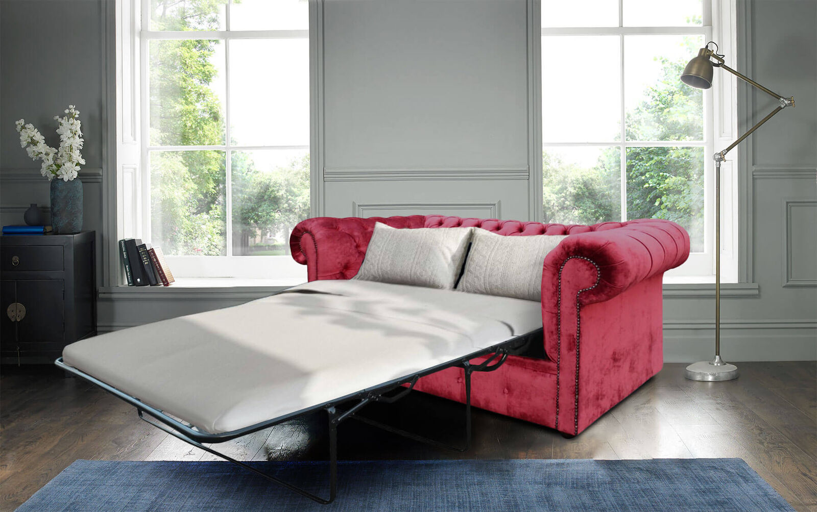 Product photograph of Chesterfield Genuine 2 Seater Sofa Bed Modena Pillarbox Red Velvet Fabric In Classic Style from Chesterfield Sofas
