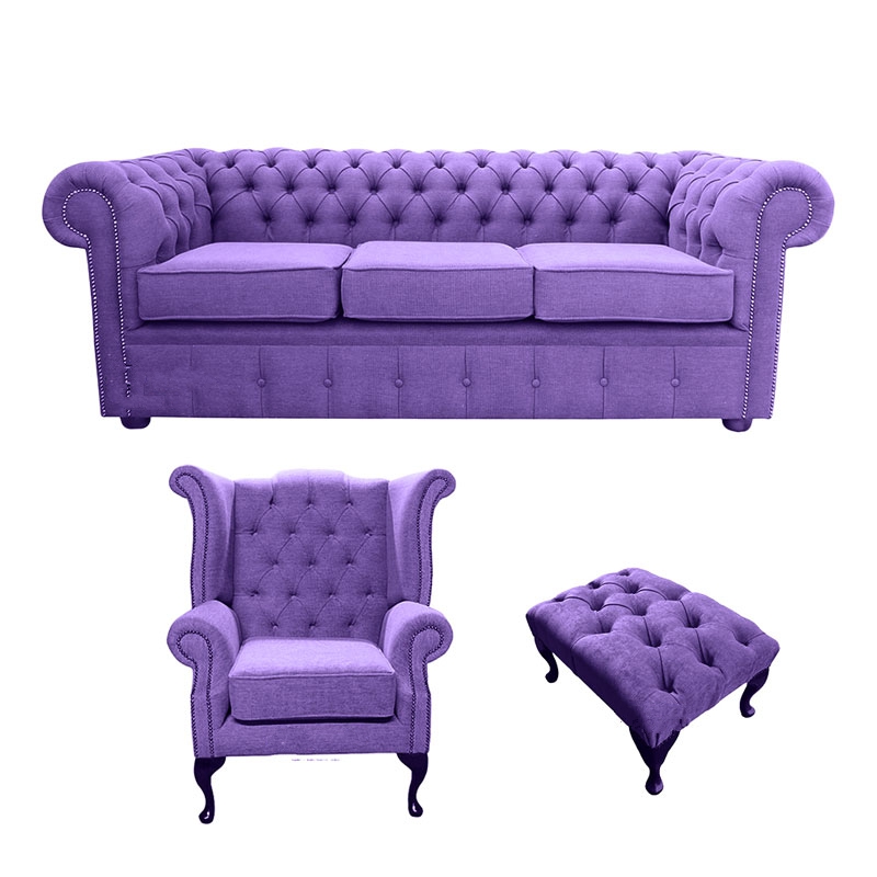 Product photograph of Chesterfield Genuine 3 Seater Queen Anne Chair Footstool Verity Purple Fabric Sofa Suite from Chesterfield Sofas