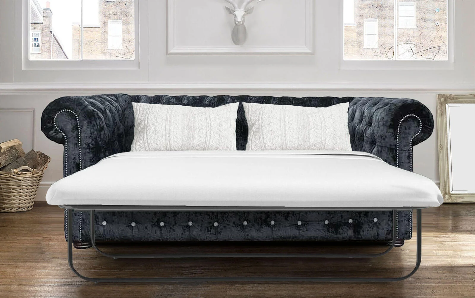 Product photograph of Chesterfield Genuine Crystal Diamond 3 Seater Sofa Bed Black Velvet Fabric In Classic Style from Chesterfield Sofas