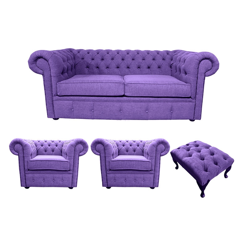 Product photograph of Chesterfield Handmade 2 Seater 2 X Club Chairs Footstool Verity Purple Fabric Sofa Suite from Chesterfield Sofas