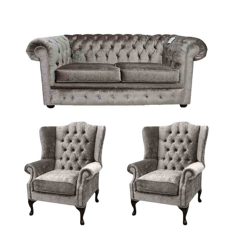Product photograph of Chesterfield Handmade 2 Seater 2 X Mallory Wing Chair Verity Silver Fabric Sofa Suite from Chesterfield Sofas